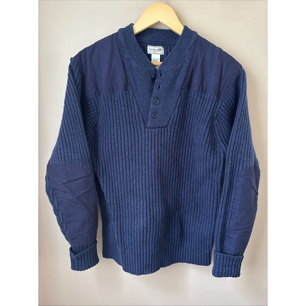 L.L.Bean Commando Henley Sweater Mens L Navy Merino Lambswool Wool Knit